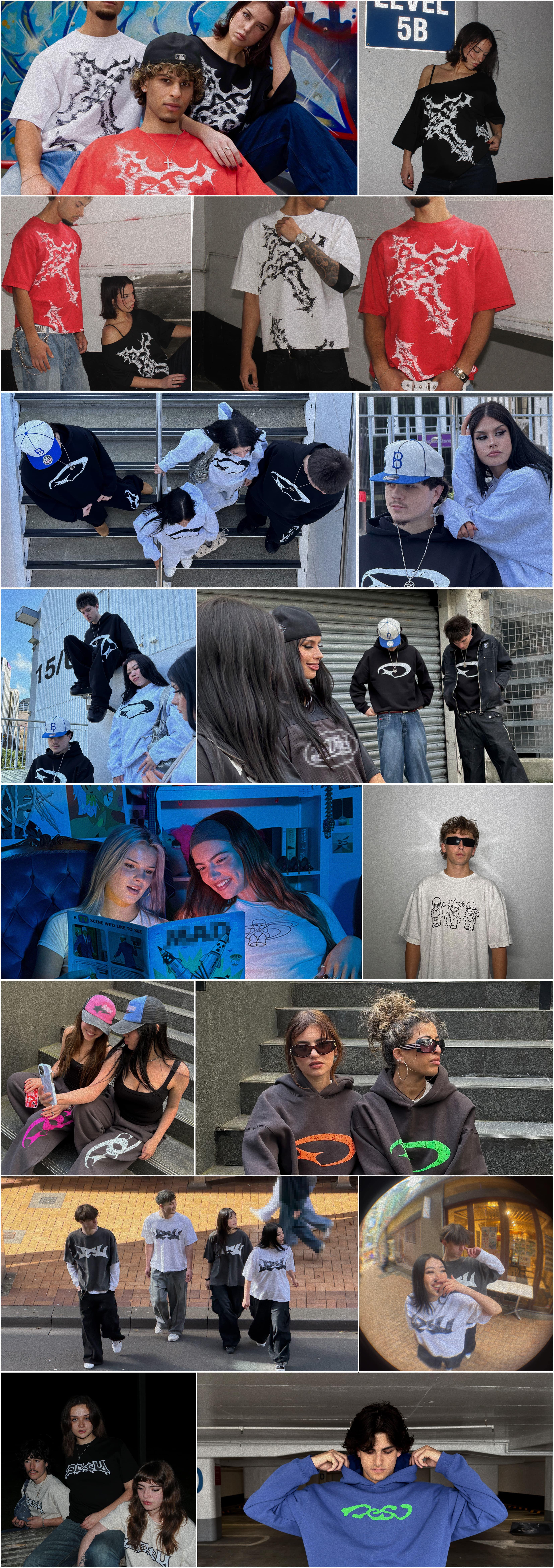 A compilation of previous Desu cloting drops, including: t-shirts, hoodies, and sweat sets